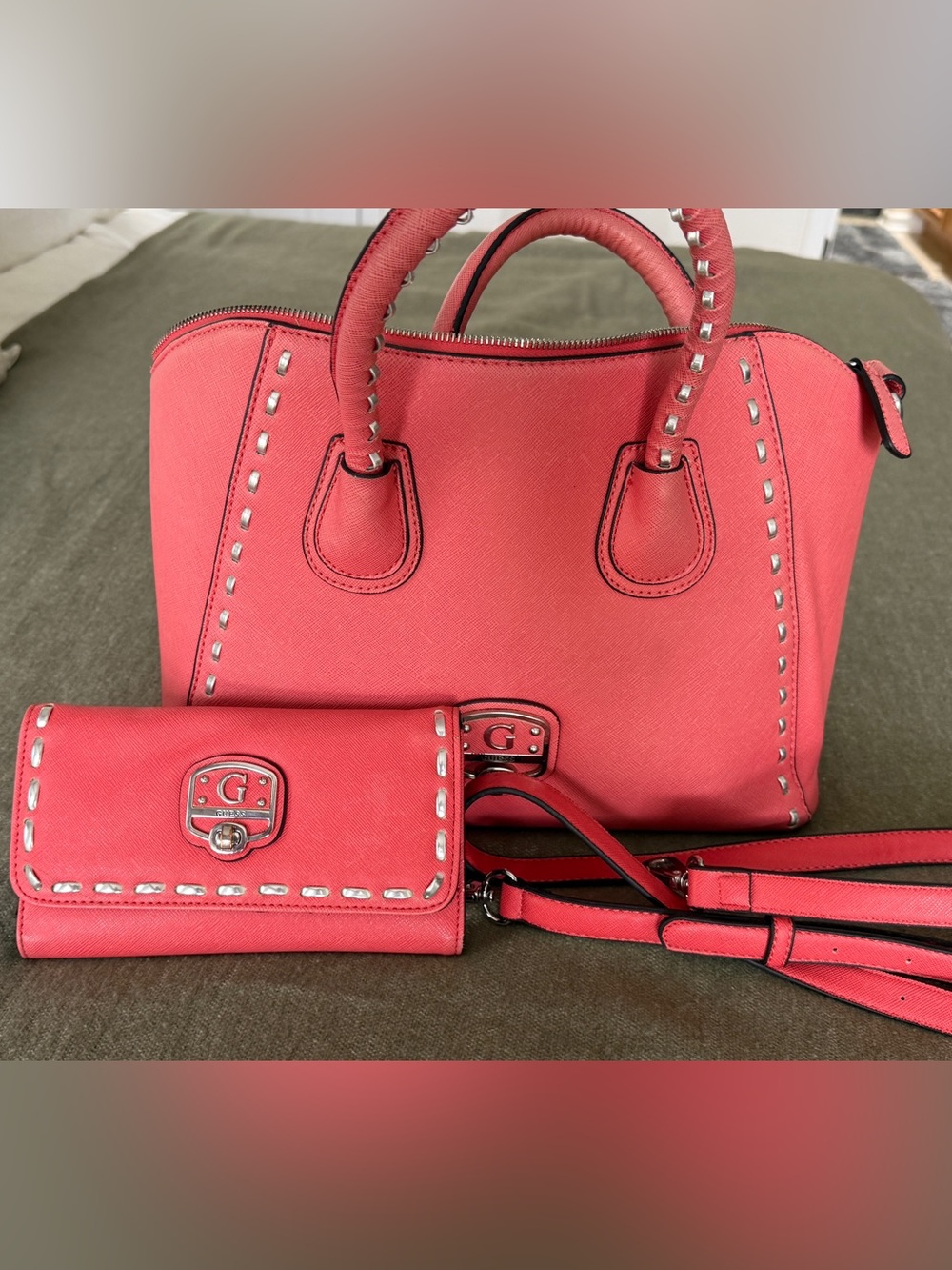 Guess Coral Pink Saffiano Satchel and Wallet Set